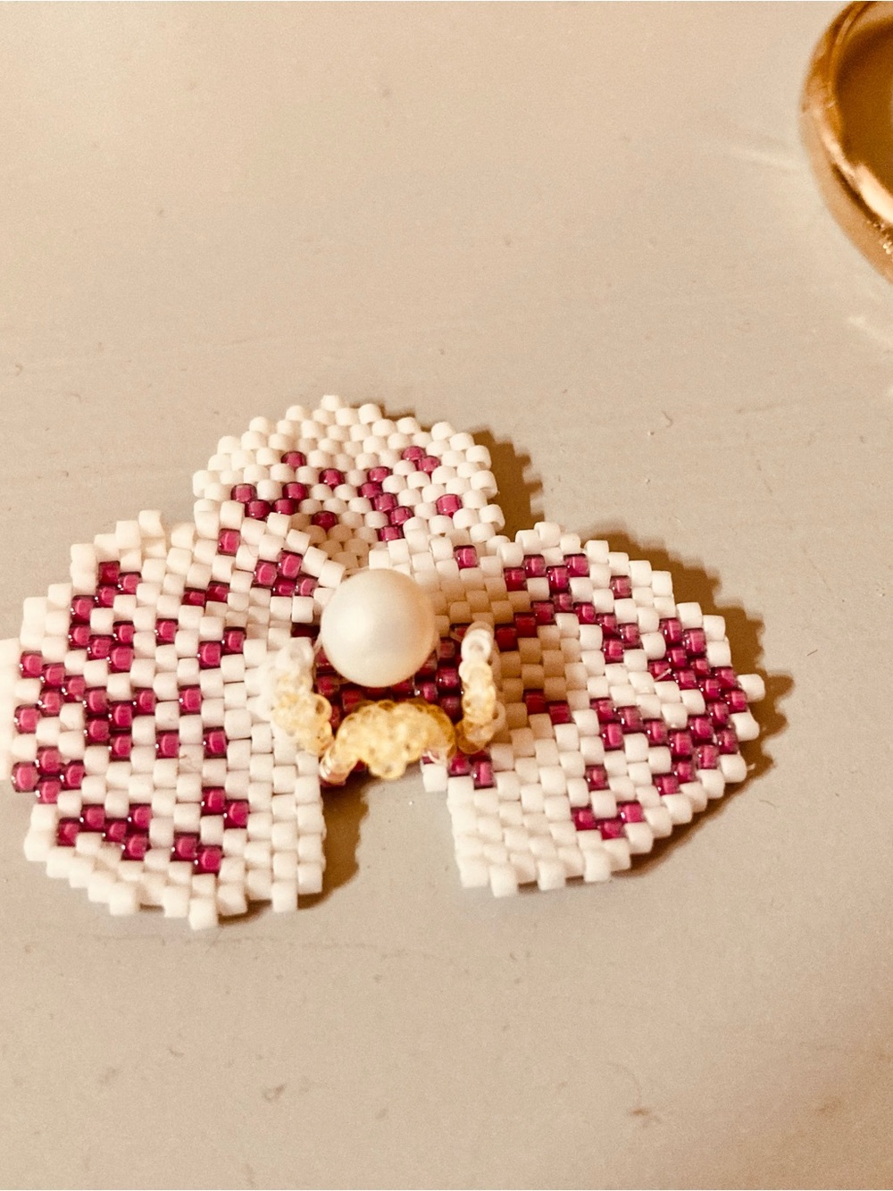 Handmade White and Fuchsia Beaded Flower Necklace Pendant